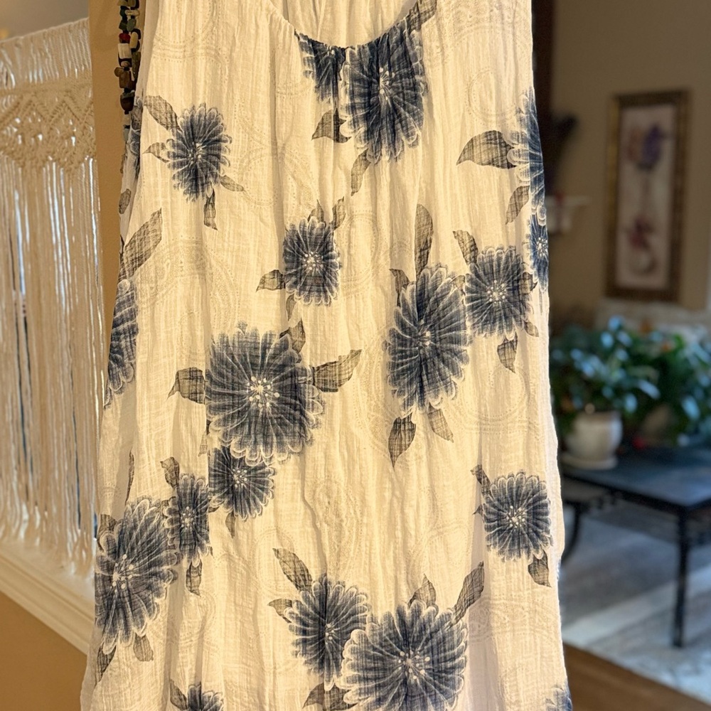 White Maxi Dress with Blue Floral Print - purchased in Mykonos, Greece